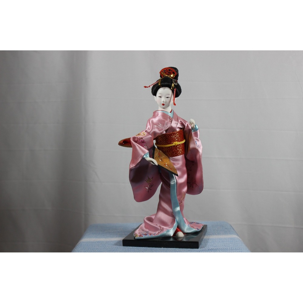 Vintage Japanese Geisha Doll Pink Satin Kimono 12 Inch Figurine with Fan Base
